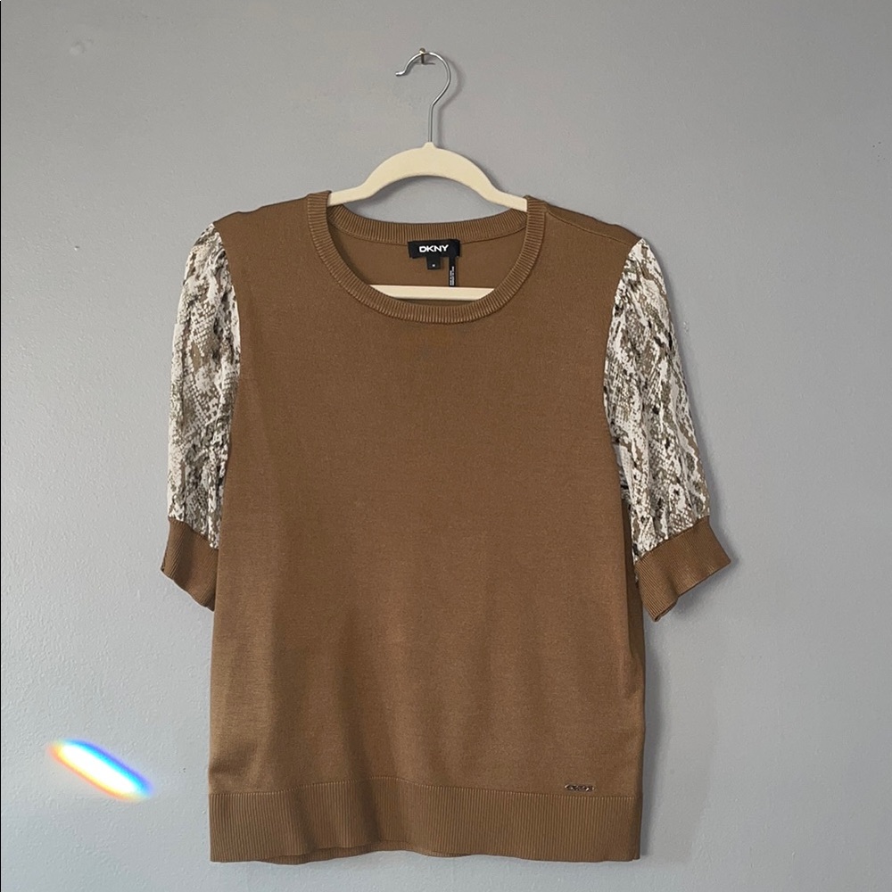 DKNY Brown and Cream Boxy Embellished Blouse